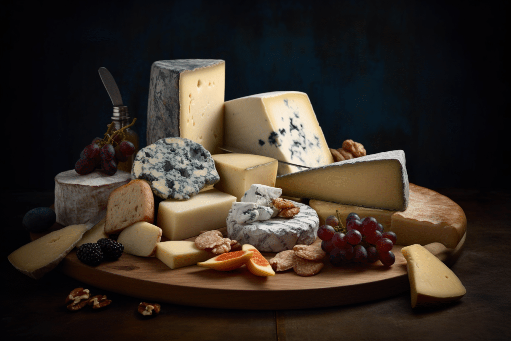 guyck Create an image of a cheese board displaying various