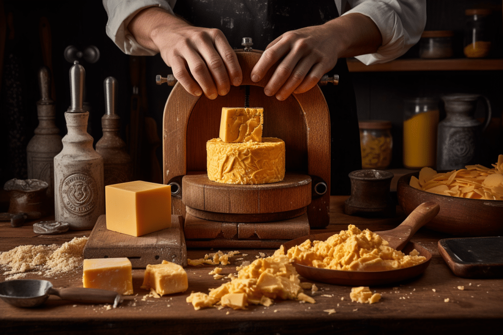guyck Create an image of a wooden cheese press with an aged